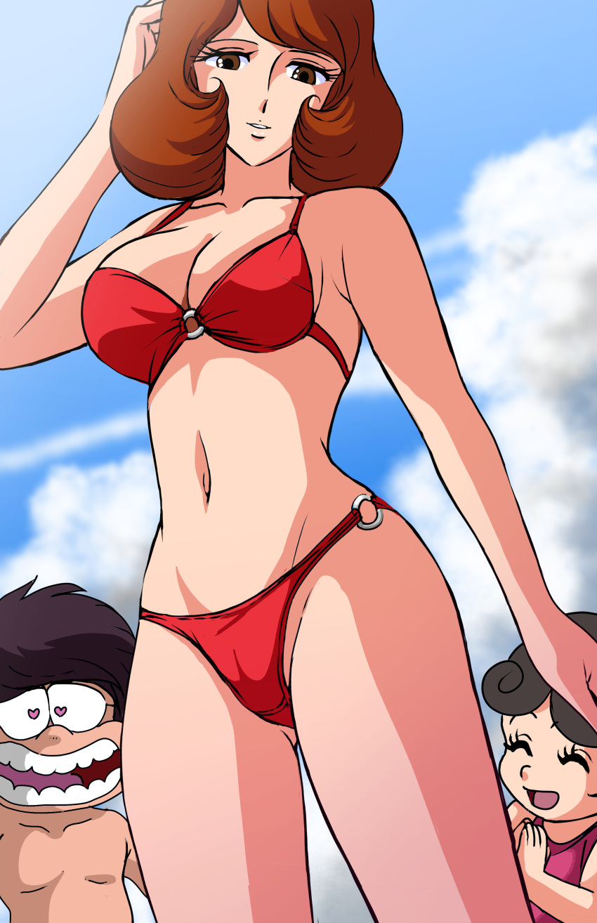 1boy 2girls background_characters bikini bikini_bottom bikini_top blue_sky brown_eyes brown_hair clouds danguard_ace female futoshi_adachi heart-shaped_pupils leijiverse light-skinned_female lisa_kirino low-angle_view male miyo_(danguard_ace) swimsuit swimwear t35endou tagme