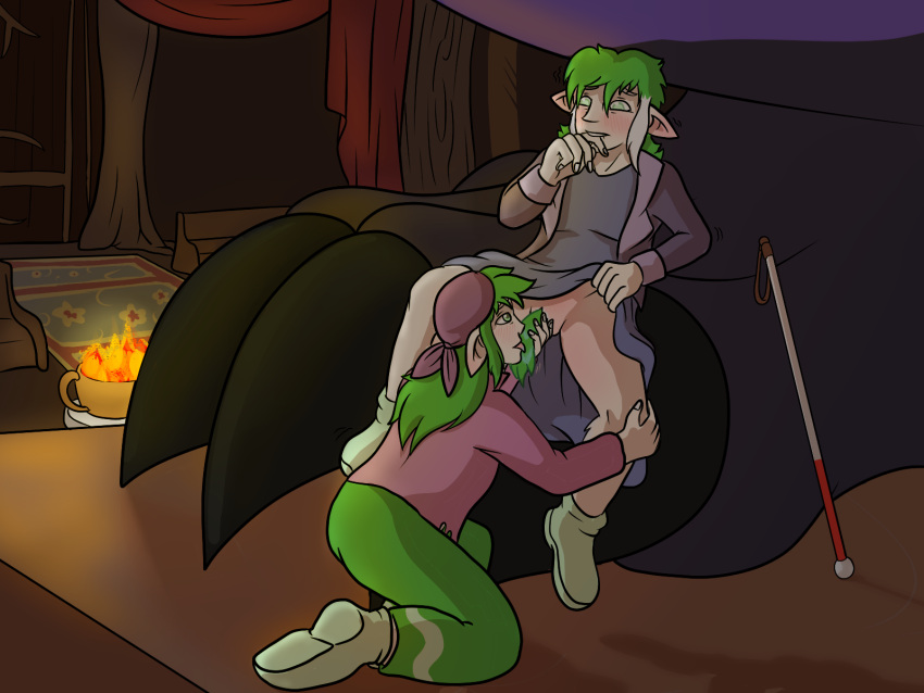 angel bandana bite biting_lip blind blind_cane blush clothed clothing clothing_lift clothing_pull dim_lighting disability dress dress_lift duo female finger_bite finger_in_mouth fire genitals green_hair hair hi_res highlights_(coloring) holding_penis humanoid humanoid_pointy_ears kerchief licking oral penile penis penis_lick public public_sex sandentwins sculpture sex sitting slightly_damned st._curtis_angels statue temple tongue unusual_anatomy unusual_genitalia