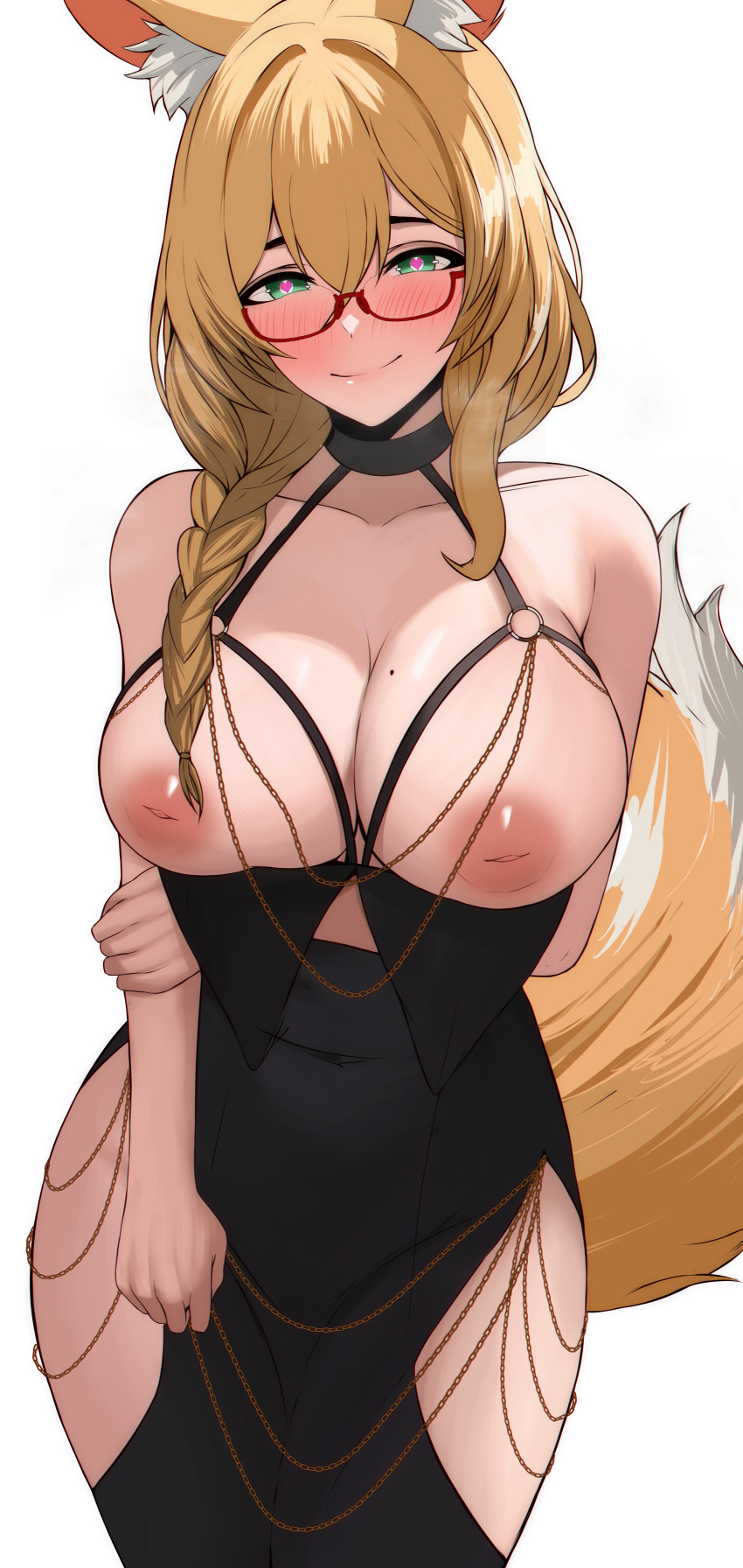 absurdres animal_ears annalise_(tparot67) arm_under_breasts black_choker black_dress blonde_hair blush braid braided_ponytail breasts chains choker cleavage commission commissioner_upload cowboy_shot dress edmun edmun6969 fox_ears fox_tail glasses green_eyes heart heart-shaped_pupils highres inverted_nipples large_breasts non-web_source symbol-shaped_pupils tail