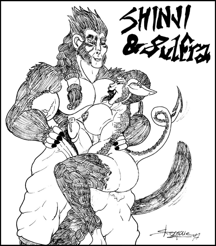 big_breasts big_penis breasts demon eye_contact horn mammal monkey muscular penis primate scar shinji_yasha skianous sulfra