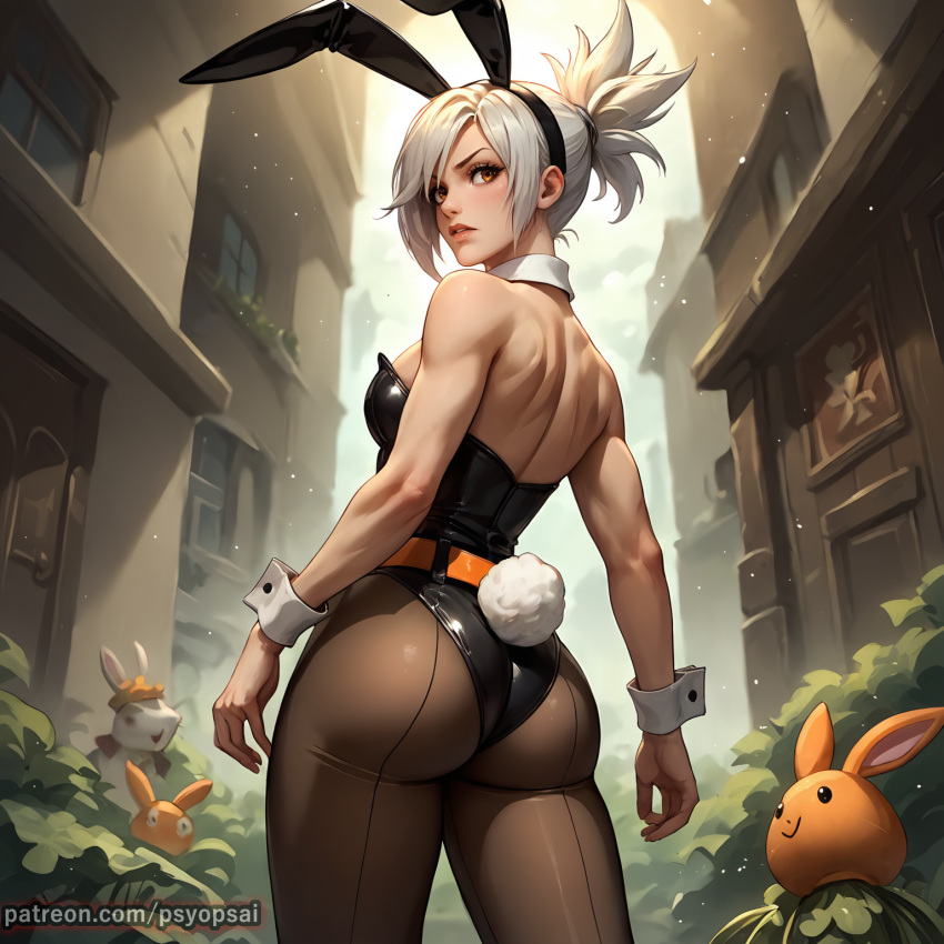 1girls ai_generated artist_name ass ass_focus back_view battle_bunny_riven belt bending_over bodysuit bunny_ears bunny_tail bunnysuit clothed clothing colored curvy digital_media_(artwork) female female_focus female_only fit_female from_behind from_below league_of_legends leaning_forward leather looking_at_viewer ponytail psyopsai riven short_hair solo solo_focus watermark white_hair yellow_eyes