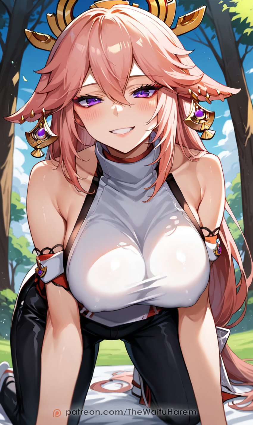 1girls ai_generated aianime female female_only genshin_impact hoyoverse mihoyo nipples_visible_through_clothing patreon pink_hair purple_eyes solo thewaifuharem yae_miko