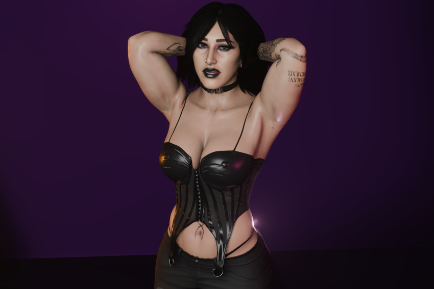 3d armpits black_hair black_lipstick black_pants black_topwear blender blender_(software) blue_eyes enigmaj female_focus female_only hands_behind_head light-skinned_female looking_at_viewer pokies rhea_ripley solo_female tattoo tattoos wwe wwe_diva