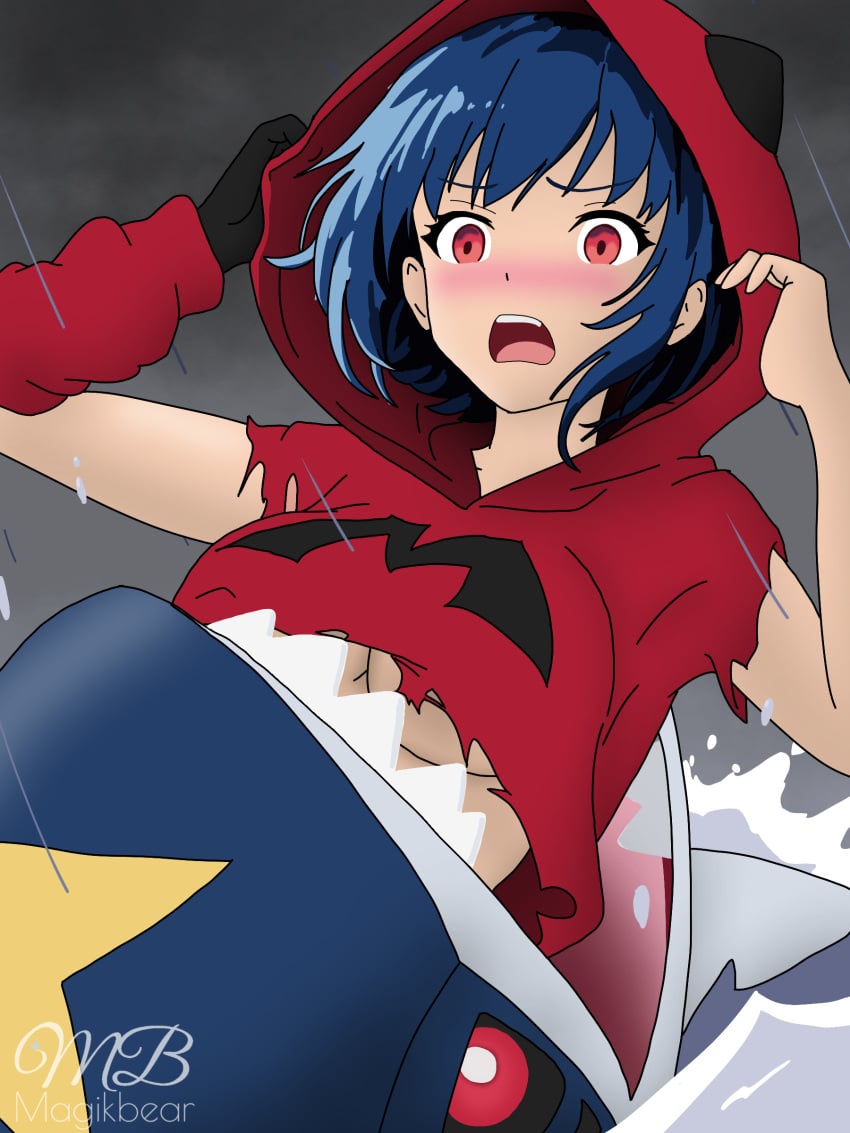 blue_hair blush eaten_alive gloves hoodie imminent_vore medium_breasts ocean peril pokemon pokemon_rse raining red_eyes shark sharpedo team_magma team_magma_grunt team_magma_grunt_(female) torn_clothes torn_sweater underboob vore