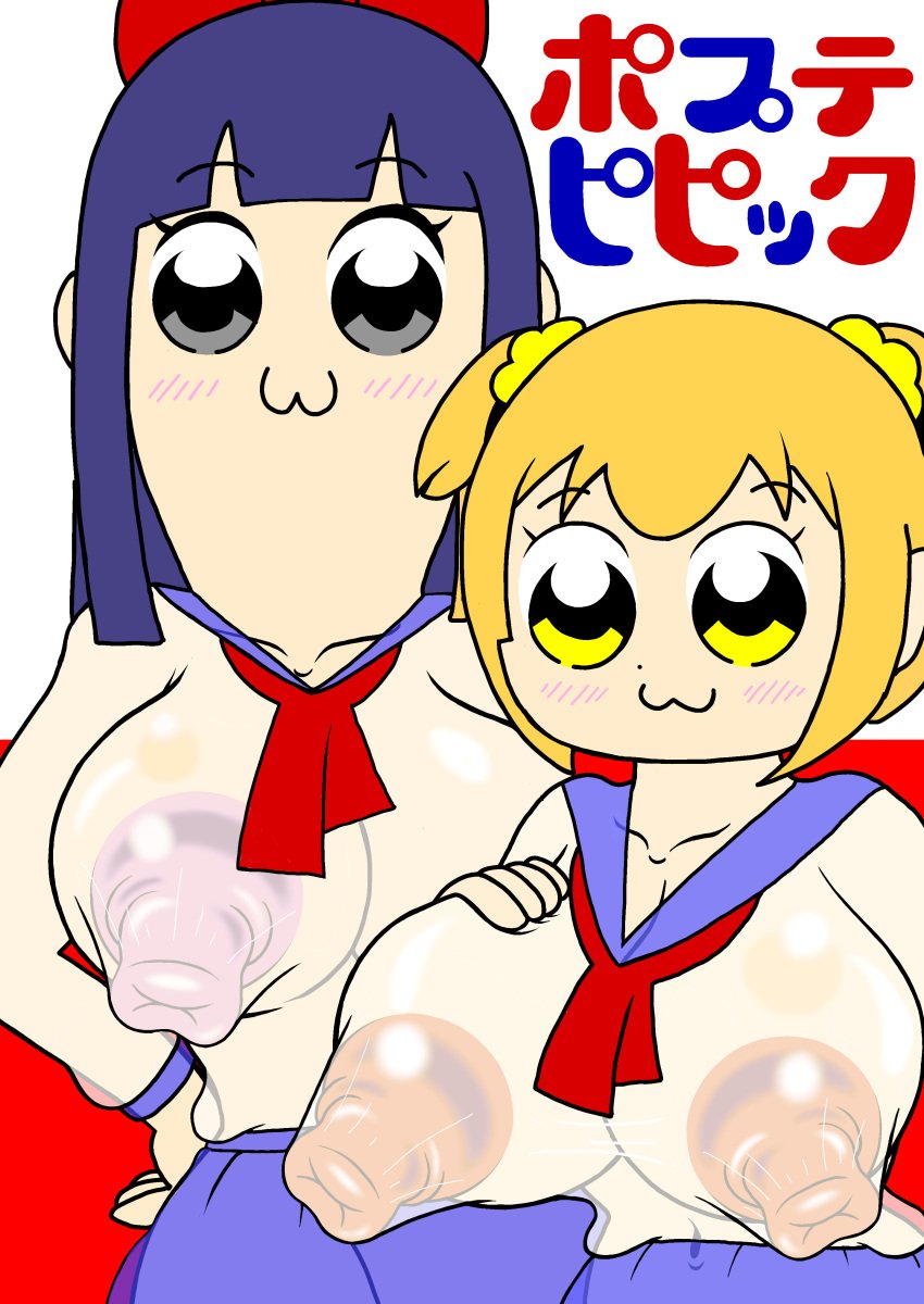 2girls big_breasts blue_hair blush logo multiple_girls nipples nipples_visible_through_clothing orange_hair orange_nipples pink_nipples pipimi pop_team_epic poptepipic popuko school_uniform white_background