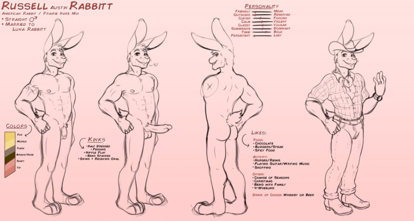 ass boots buns-n-spurs character_name clothed clothing cowboy_boots cowboy_hat dress_shirt english_text erection flaccid footwear fully_clothed hat heart jeans lagomorph mammal model_sheet nude pants penis profile rabbit russell_rabbitt shirt text