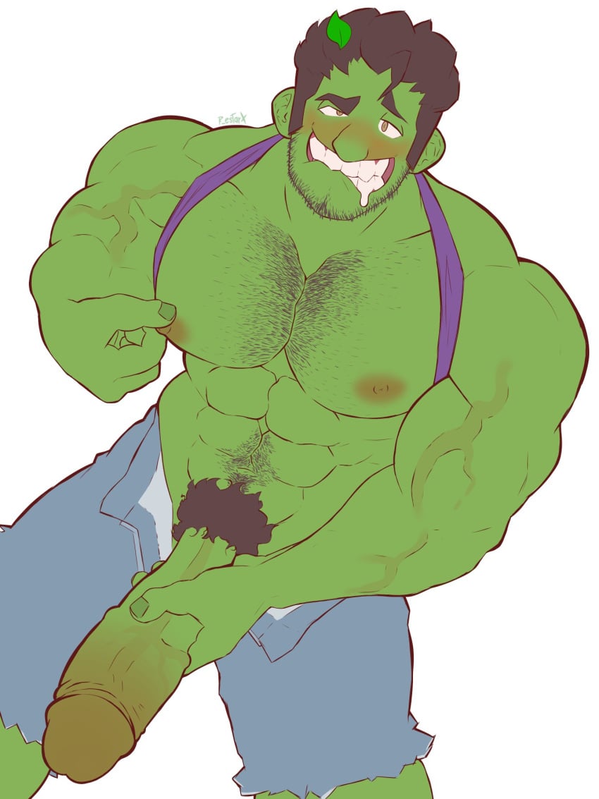 abs bara bating bator biceps big_penis blush bruce_banner clothing erection gooner gooning green-skinned_male green_body green_skin hairy_chest hulk hulk_(series) male male_nipples male_only male_pubic_hair marvel marvel_comics masturbation muscular_male nipples pecs penis restarx