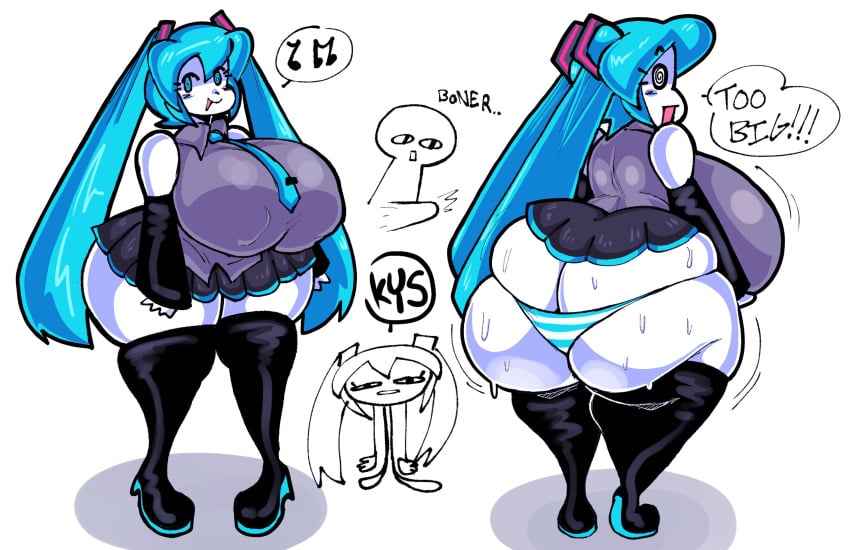 1boy 1girls ass big_ass big_breasts blue_hair boner breasts dork_boi erection female female_focus footwear full_body hatsune_miku huge_ass huge_breasts lewd_dorky long_hair male open_mouth open_smile smile solo_focus thighhighs vocaloid