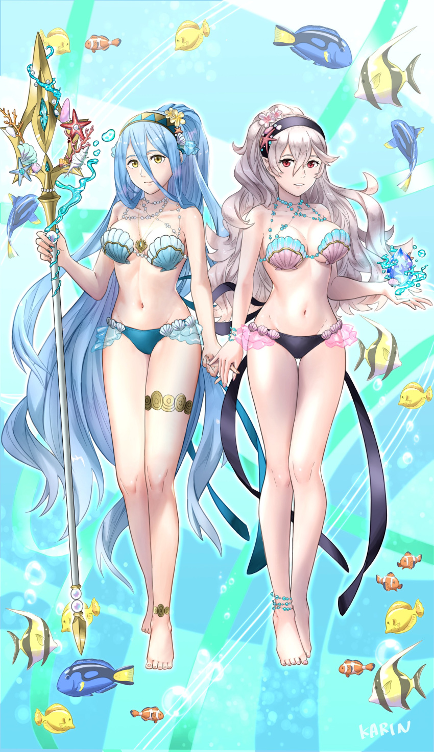 2girls 6nutqd2kwd0iqcl absurdres alternate_costume alternate_hairstyle azura_(fire_emblem) barefoot bikini blue_bikini blue_hair blue_swimsuit breasts corrin_(female)_(fire_emblem) corrin_(female)_(fire_emblem)_(cosplay) corrin_(fire_emblem) cosplay feet female female_only fire_emblem fire_emblem_cipher fire_emblem_fates fish hair_between_eyes highres holding_hands large_breasts long_hair medium_breasts multiple_girls navel nintendo official_alternate_costume official_style shell shell_bikini swimsuit toes very_long_hair yellow_eyes