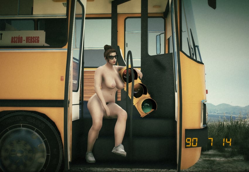 3d 3d_(artwork) brown_hair bus casual completely_naked completely_naked_female completely_nude completely_nude_female exhibitionism exhibitionist eyewear female female_focus female_only footwear grand_theft_auto_online grand_theft_auto_v hair_bun human hungarian ikarus in_the_bus kemikarugaru looking_away naked naked_female naked_footwear naked_shoes nipples nude nude_female nudism nudist nudity pale_skin posing posing_for_picture pubic_hair retro shoes sitting solo sunglasses white_shoes