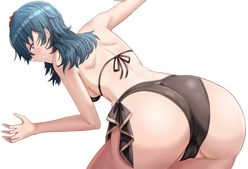 1girls alternate_costume ass back bare_arms bare_back bare_thighs bent_over bikini black_bikini black_swimsuit blue_eyes blush breasts byleth_(female)_(summer)_(fire_emblem) byleth_(fire_emblem) byleth_(fire_emblem)_(female) clenched_teeth female female_only fire_emblem fire_emblem:_three_houses fire_emblem_heroes flower hair_flower large_ass long_hair medium_breasts nintendo official_alternate_costume partially_visible_vulva saikunartworks solo swimsuit teal_hair thick_thighs thighs white_background worried