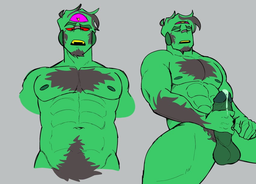 3_eyes bara cock fur green_body noxiouspieslice pubic_hair