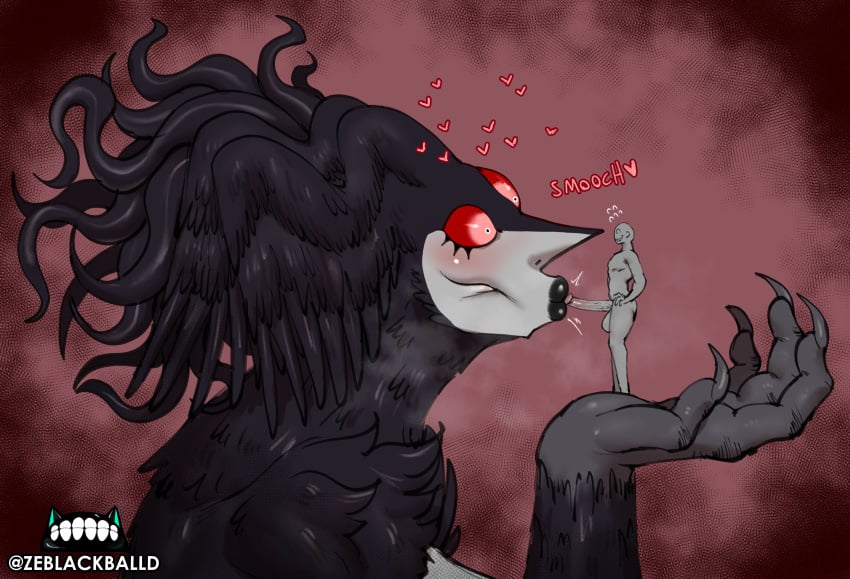 2d 3_eyes absurd_res black_body black_feathers black_lips blowjob_face duo eyelashes feathers female genitals hi_res huge_filesize humanoid kissing larger_female lips macro male male/female multi_eye oral penis penis_kissing pseudo_hair size_difference tentacle tentacle_hair the_looming_curse_(ze_blackball.d) ze_blackball.d zeblackballd_(artist)