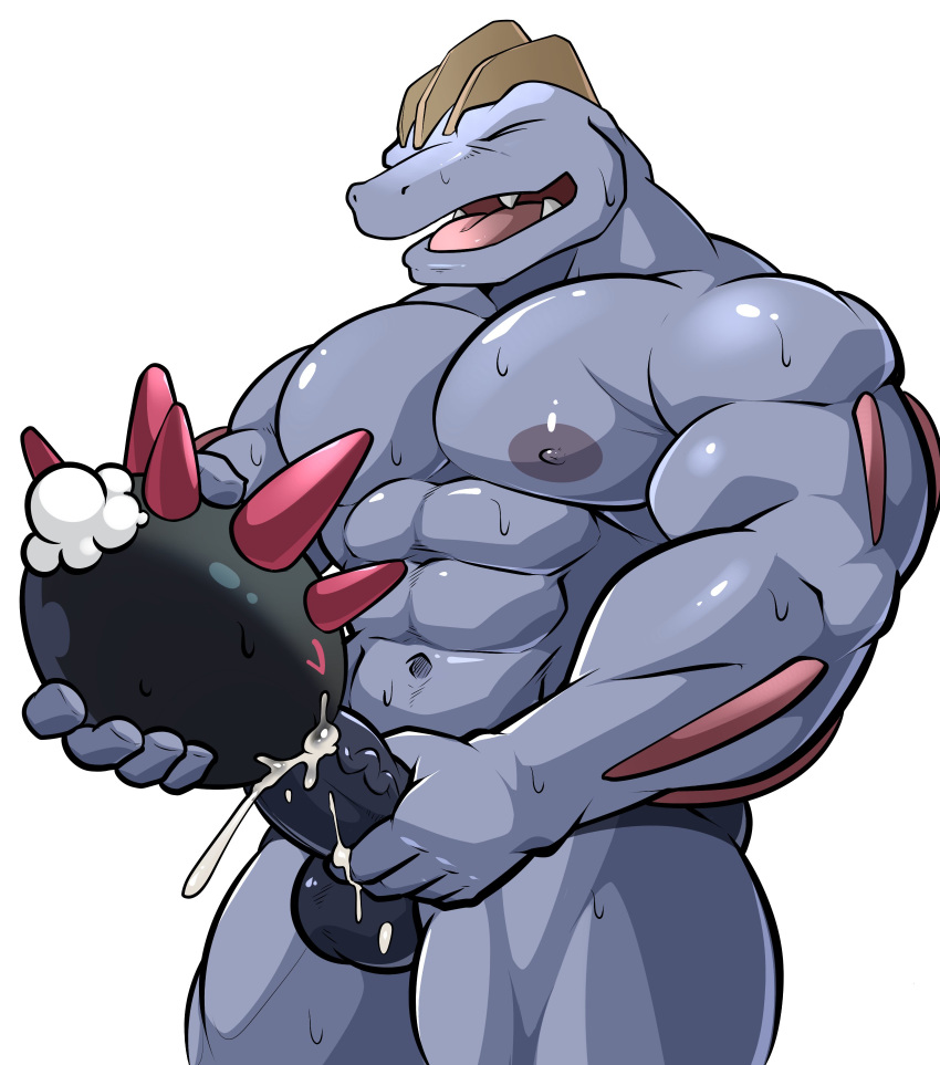 2016 abs ambiguous_gender anal balls bara biceps closed_eyes cum cum_in_ass cum_in_mouth cum_inside duo fellatio feral highres machoke maldu male male/ambiguous male_only muscles nintendo nipples nude oral pecs penis pokemon pokemon_(species) pyukumuku sex simple_background white_background