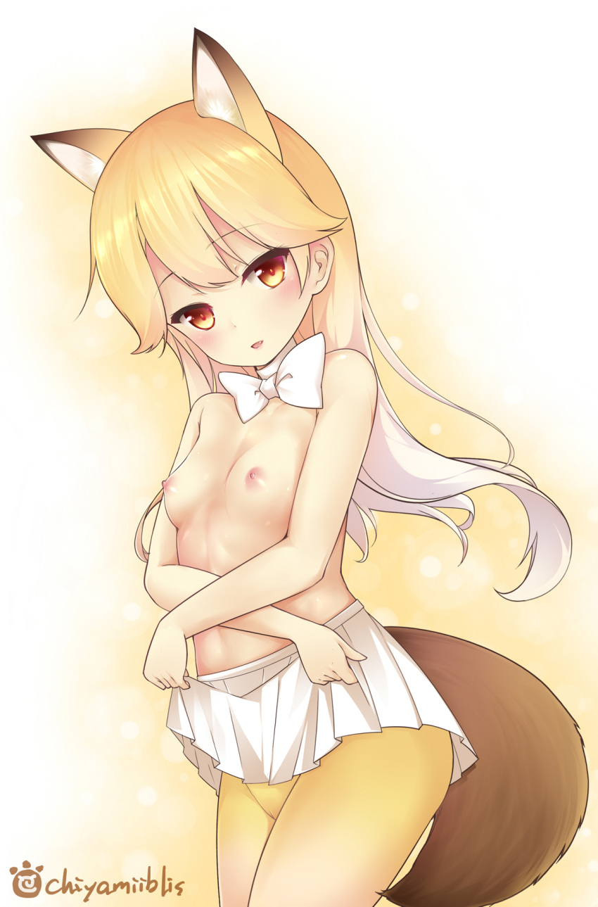 :d animal_ears artist_name blonde_hair blush bow bowtie breasts cameltoe chiyami collarbone commentary_request cowboy_shot crossed_arms cute_fang eyebrows_visible_through_hair ezo_red_fox_(kemono_friends) female fox_ears fox_tail gradient gradient_background gradient_hair head_tilt highres japari_symbol kemono_friends lifted_by_self long_hair looking_at_viewer miniskirt multicolored_clothes multicolored_eyes multicolored_hair multicolored_legwear nipples open_mouth pantyhose pleated_skirt red_eyes shiny shiny_hair shiny_skin skirt skirt_lift small_breasts smile standing tail topless tsurime undressing very_long_hair white_bow white_bowtie white_hair white_skirt yellow_background yellow_eyes