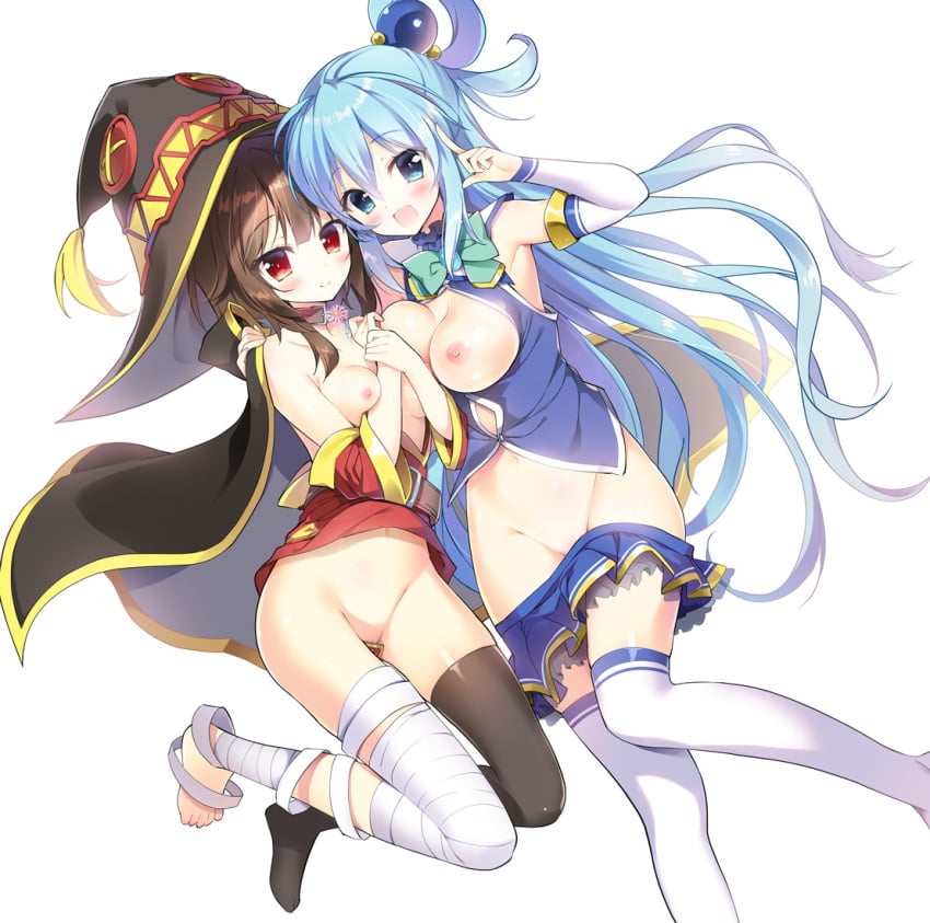 2girls :d aqua_(konosuba) bandaged_leg barefoot black_legwear blue_eyes blue_hair blue_skirt blush bow bowtie breasts breasts_out brown_hair cape closed_mouth collar collarbone detached_sleeves dress dress_lift dress_pull eyebrows_visible_through_hair female female_only green_bow green_bowtie groin hair_between_eyes hair_rings hand_on_another's_shoulder hat index_finger_raised kono_subarashii_sekai_ni_shukufuku_wo! leg_up legs_up long_hair long_sleeves medium_breasts megumin multiple_girls navel nipples open_clothes open_mouth open_shirt own_hands_together pleated_skirt red_eyes shirt short_hair_with_long_locks simple_background single_thighhigh skirt skirt_pull smile thighhighs very_long_hair white_background white_legwear witch witch_hat youta