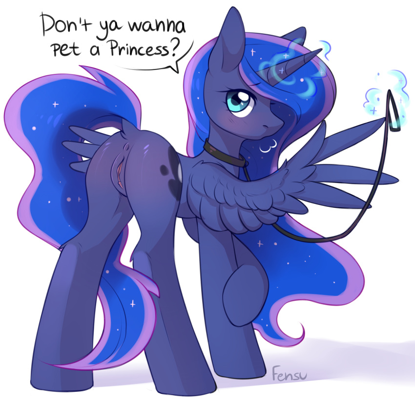 2017 absurd_res alicorn anus ass blue_feathers collar cutie_mark dialogue english_text equine feathered_wings feathers female fensu-san feral friendship_is_magic glowing hair hi_res horn leash looking_at_viewer magic mammal my_little_pony princess_luna_(mlp) pussy simple_background solo text white_background wings