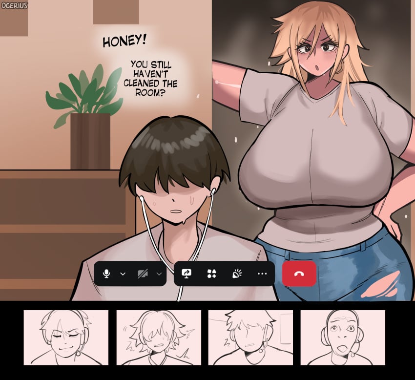 1girls 5boys big_breasts blonde_hair boys breasts brown_hair earrings facetime funny_face group_chat huge_breasts mature mature_female meme_reference mizuki_(ocerius) my_mom_is_kinda_homeless ocerius original original_character original_characters shocked_face thick_thighs younger_male