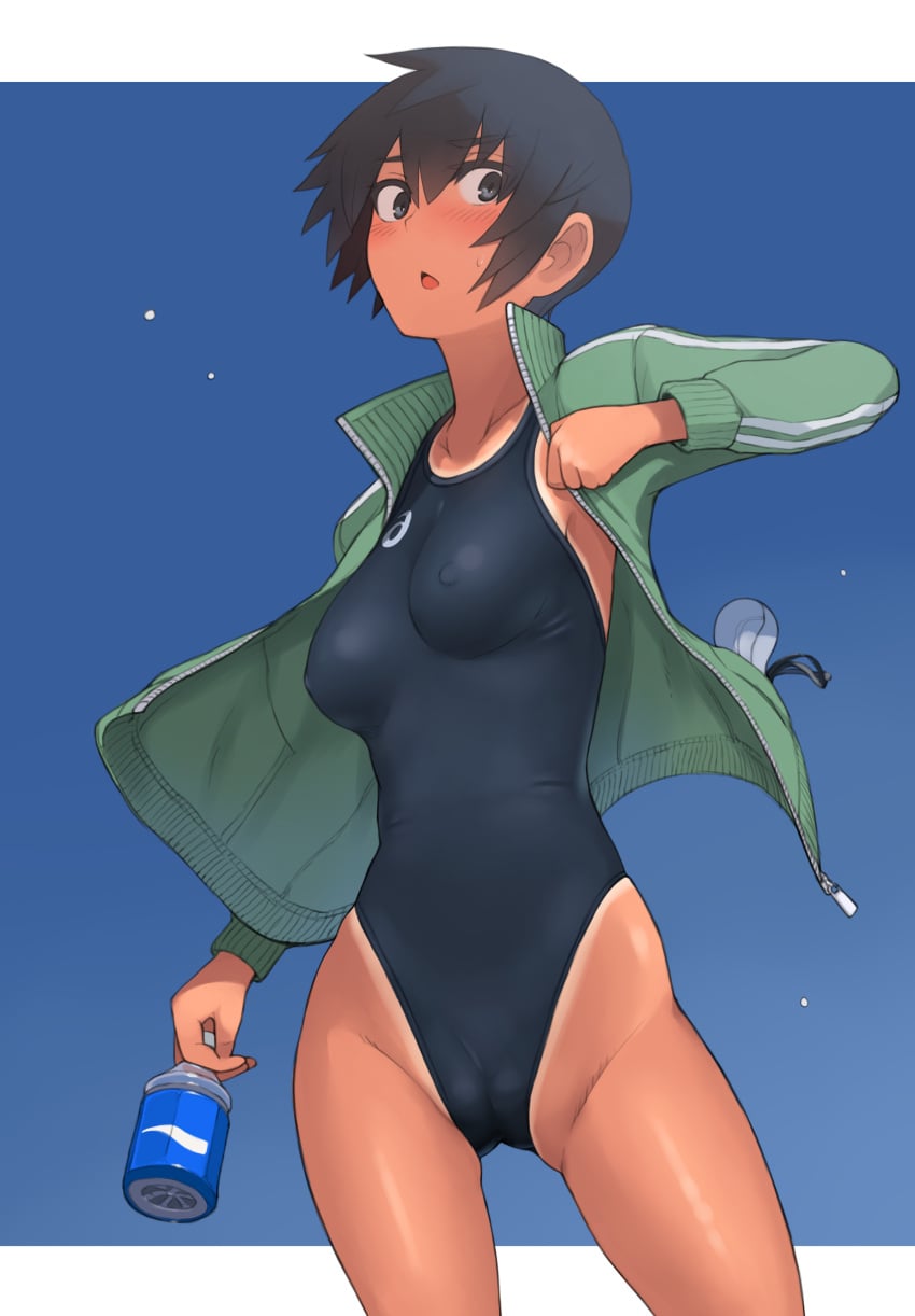 1girls 2d black_eyes black_hair blush blush_lines blushing clothed clothing female female_only hair hi_res highres human kuronami_(lvi) lvi nipple_bulge nipples_visible_through_clothing short_hair solo solo_female swimsuit swimwear tan tan_body tan_skin tanned tanned_skin thighs tomboy