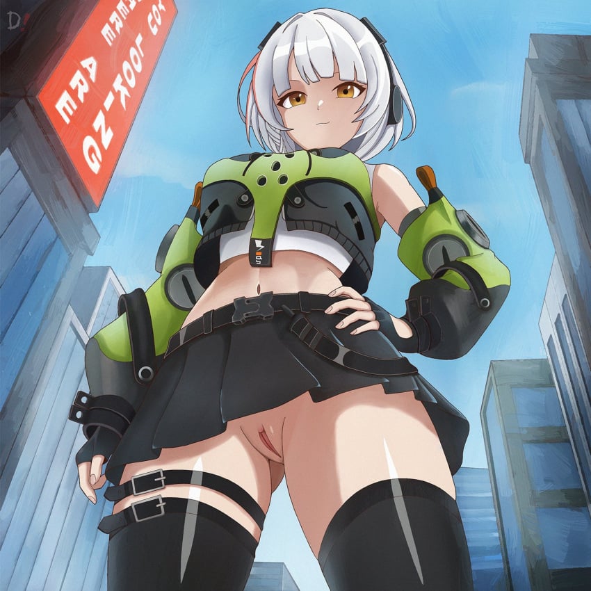 1girls 2026 anby_demara black_thighhighs clothing detailed_background droskiv female female_only fingerless_gloves hand_on_hip hi_res light_skin looking_at_viewer mihoyo no_panties no_panties_under_skirt pussy shiny_skin skirt smiling smiling_at_viewer solo thighhighs viewed_from_below white_hair yellow_eyes zenless_zone_zero
