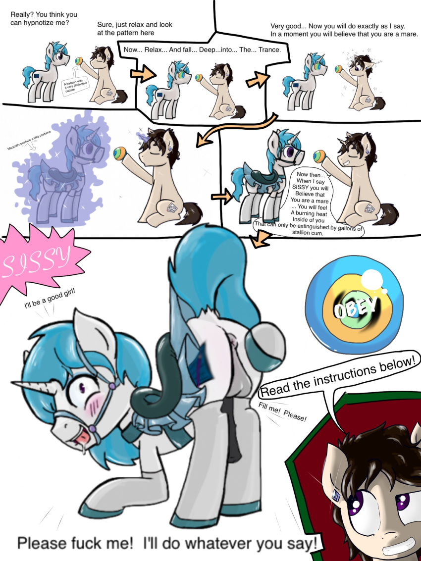 comic crossdressing equine fan_character friendship_is_magic frost_bright highres hypnosis killian_joy looking_at_viewer magic male mammal mind_control my_little_pony penis public_humiliation sissyfication yaoi