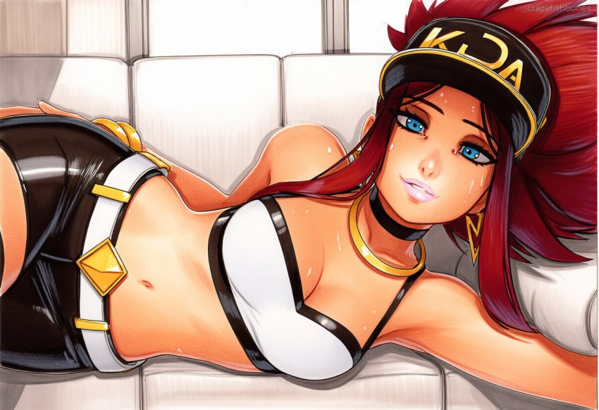 2025 ai_generated akali artist_name blue_eyes breasts crazyfishbones female long_hair looking_at_viewer lying midriff navel shorts solo