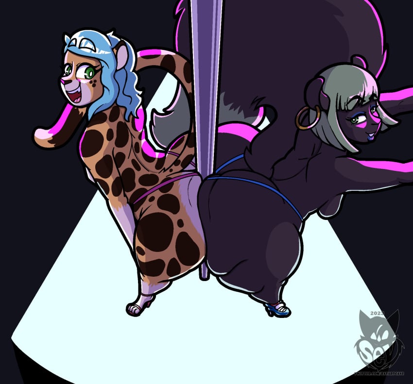anthro ass ass_to_ass batartcave big_ass blue_hair breasts cheetah clothed clothing ear_piercing ear_ring felid feline female green_hair hi_res huge_butt jade_(batartcave) mammal original original_character original_characters piercing pole ring_piercing rodent sciurid squigga squirrel stripper_pole thick_thighs thong topless tree_squirrel underwear
