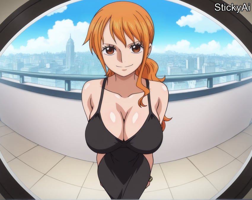 ai_generated anime_coloring beach clothing female female_only large_breasts long_hair mature_female nami nami_(one_piece) one_piece orange_hair ponytail stickyai