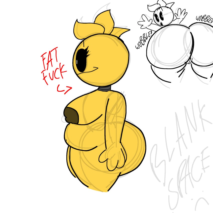 afterdarkcircus arrow_(symbol) black_eyes brown_areola brown_nipples chicken chubby chubby_female label motion_lines onomatopoeia robot robot_girl robot_humanoid side_profile side_view sketch thick_ass thick_thighs toy_chica_(fnaf) white_background white_pupils yellow_skin