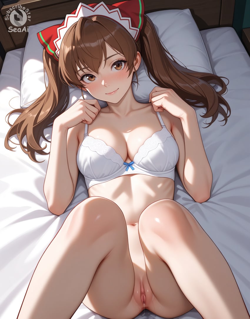 1girls ai_generated alicia_melchiott bra cleavage clitoral_hood from_above knees_up looking_at_viewer lying lying_on_back lying_on_bed medium_breasts pussy pussy_juice seacreator smile subscribestar subscribestar_logo subscribestar_username valkyria_chronicles