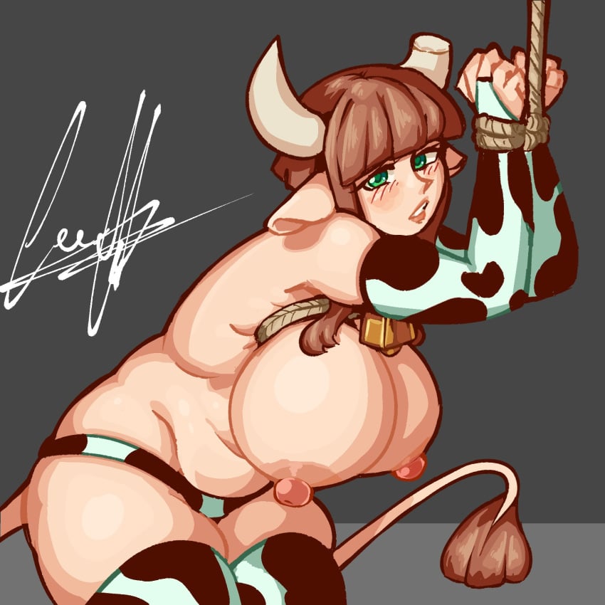 big_breasts breasts breasts_bigger_than_head cow_ears cow_girl cow_horns cow_print cow_print_bikini cow_tail cowbell leeaff
