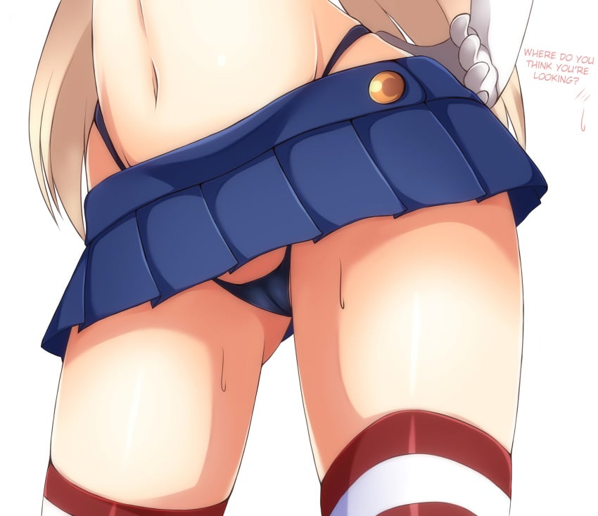 black_panties blonde_hair cameltoe close-up contrapposto female female gloves hard_translated highleg highres kantai_collection long_hair microskirt navel panties shimakaze_(kantai_collection) skirt solo striped striped_legwear sweat translated underwear waist_down white_background white_gloves zack_(haiuinndo)