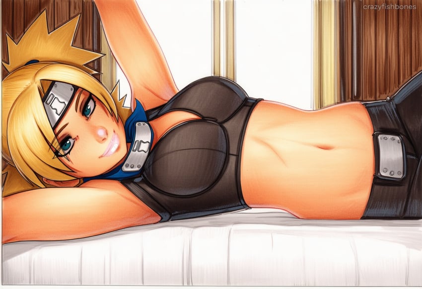 2025 ai_generated artist_name blonde_hair blue_eyes breasts crazyfishbones female large_breasts lying midriff navel on_back solo temari_(naruto)