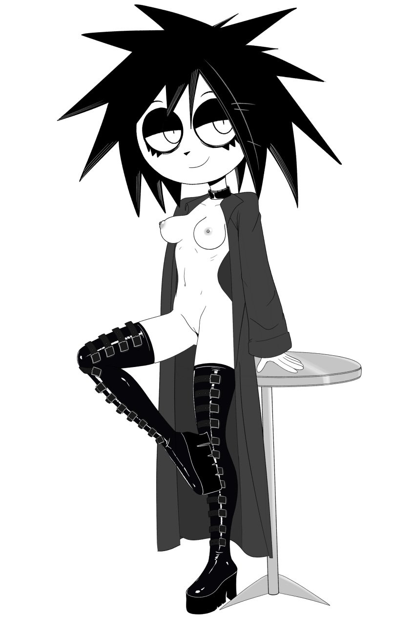 1girls black_and_white boots catrash coat_only female female_only half_naked i_can&#039;t_sleep nia_(i_can&#039;t_sleep)