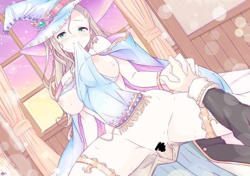 1boy bare_shoulders blush breasts brown_hair commentary_request cowgirl_position earrings female forehead green_eyes hat highres indoors interlocked_fingers iris_mysteria! jewelry k_(nura-rikuo) large_breasts long_hair mouth_hold nipples raised_inner_eyebrows sex straddling will_(iris_mysteria!) witch_hat