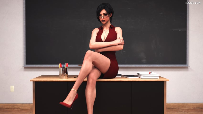 1girls 3d ada_wong cleavage crossed_legs glasses hazelfox high_heels large_breasts looking_at_viewer red_dress resident_evil sitting_on_desk teacher