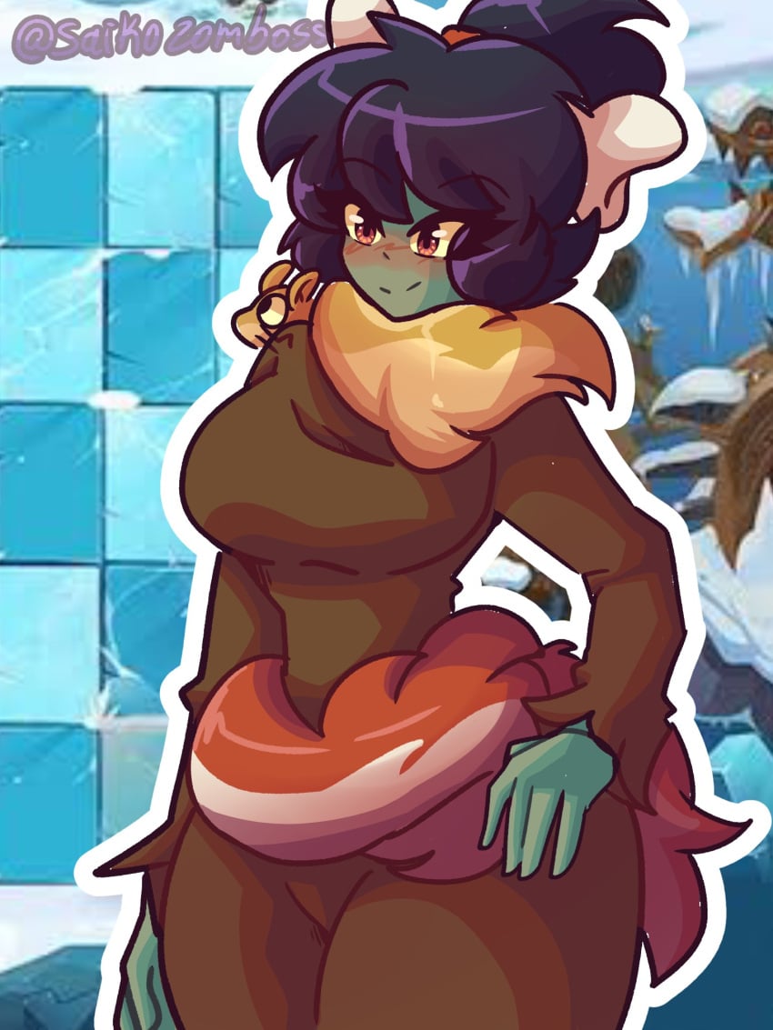 black_hair blush bone cavewoman clothed green_skin orange_eyes saikozomboss tied_hair undead undead_female weasel_hoarder_(pvz) yellow_eyes zombie zombie_(pvz) zombie_girl