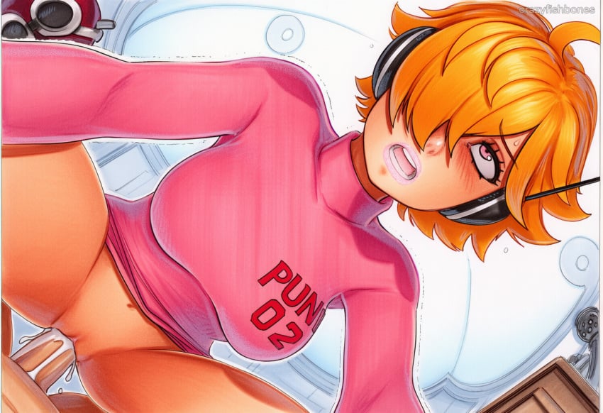 1boy 2025 ai_generated artist_name clothing crazyfishbones female male one_piece orange_hair original penis pussy sex short_hair solo_focus straight vaginal_penetration vegapunk_lilith