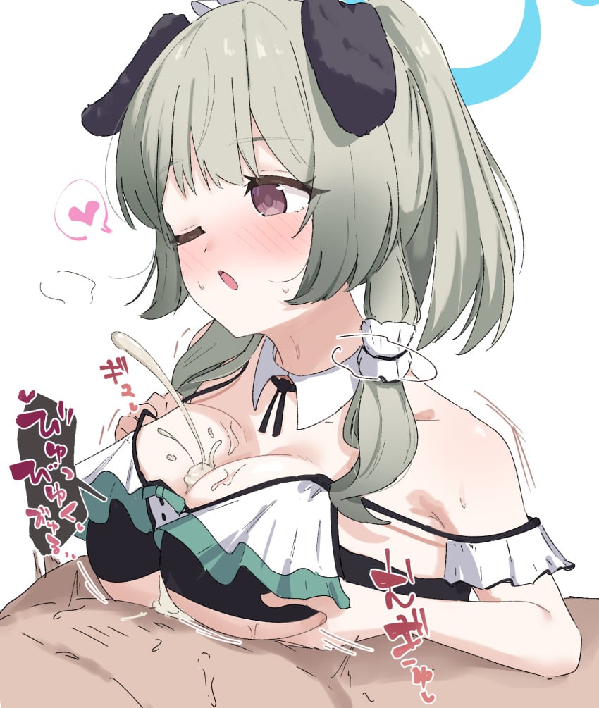 alternate_costume animal_ears blue_archive blue_halo blush breasts brown_eyes cum cum_on_body cum_on_breasts detached_collar dog_ears dog_girl female green_hair halo heart highres medium_breasts nayamy official_alternate_costume one_eye_closed paizuri simple_background spoken_heart sweat umika_(blue_archive) umika_(swimsuit)_(blue_archive)