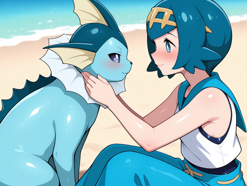 1girls beach blue_eyes blue_hair blue_pants blush eeveelution female flat_chest fully_clothed hair_ornament hand_on_cheek interspecies lana_(pokemon) light-skinned_female light_skin looking_at_another looking_at_partner petite_body pokemon pokemon_sm sitting vaporeon white_shirt zoophilia