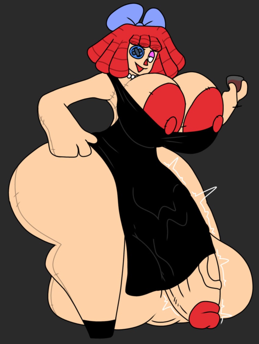 asinine247 big_breasts big_cock big_thighs dress futanari holding_glass holding_object huge_areolae large_penis ragatha ragatha_(the_amazing_digital_circus)