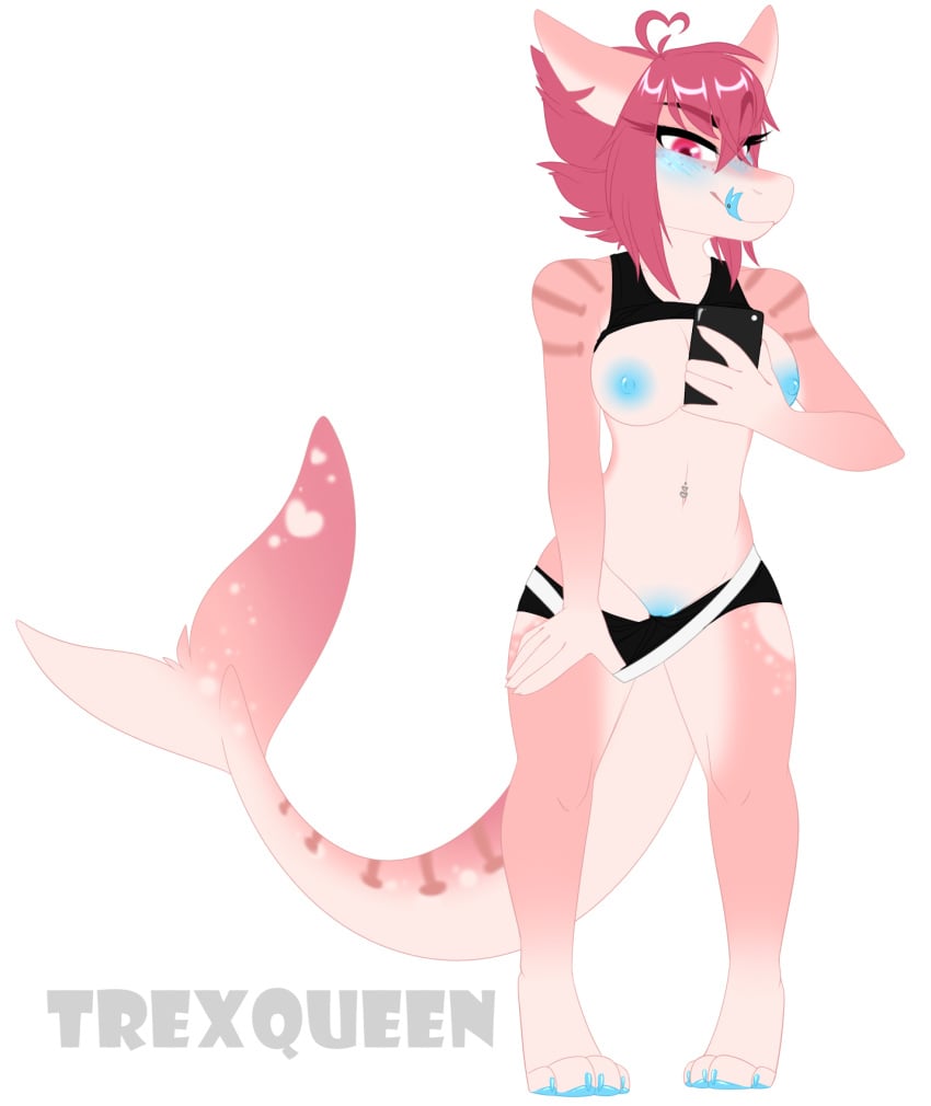 anthro arthropod big_breasts big_tail blue_nipples blue_pussy blush bra breasts cellphone clothing crustacean female fish hair marine navel navel_piercing nipples panties panties_down phone piercing pink_hair pussy selfie shark short_hair shorts shrimp_(uk_brony) solo sports_bra spots stripes teasing tongue tongue_out tongue_piercing trexqueen underwear