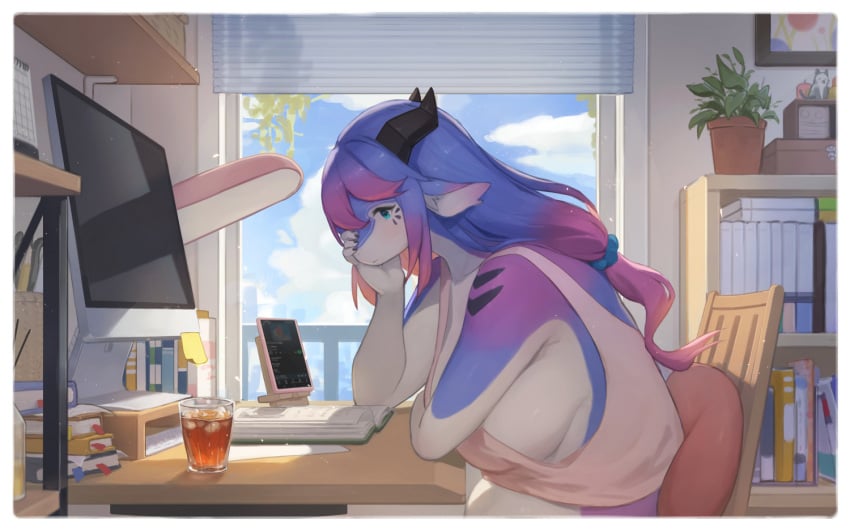 1girls anthro big_breasts blue_eyes border breasts clothed clothing detailed_background dragon female female_anthro female_only hair horn huge_breasts kemono lanya_(lcshian) lcshian lo-fi_beats_to_relax/study_to mythological_creature mythological_scalie mythology no_bra purple_hair reference scalie side_boob solo white_body white_border