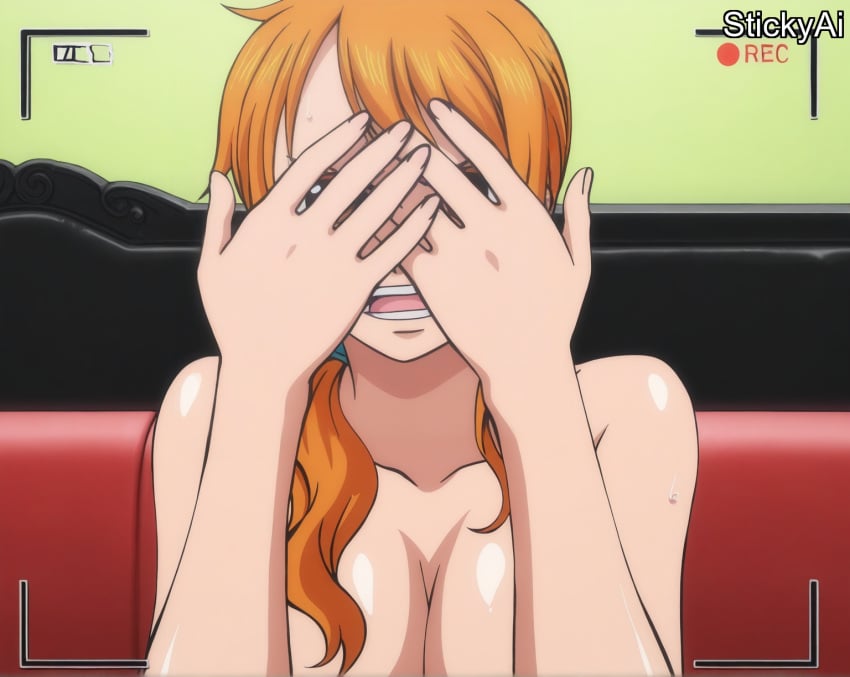 ai_generated anime_coloring beach female female_only large_breasts long_hair mature_female nami nami_(one_piece) nude one_piece orange_hair ponytail stickyai