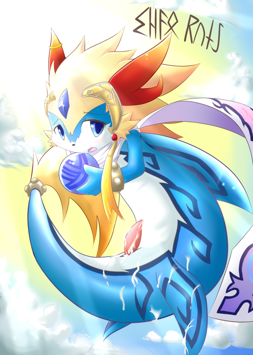 anthro blue_eyes blue_fur bracelet canine cum cum_on_penis dragon fur furred_dragon hair hybrid jewelry male male_only mammal marine messy open_mouth orb penis shaorune simple_background solo tales_of_(series) tales_of_rebirth tapering_penis video_games さなき。