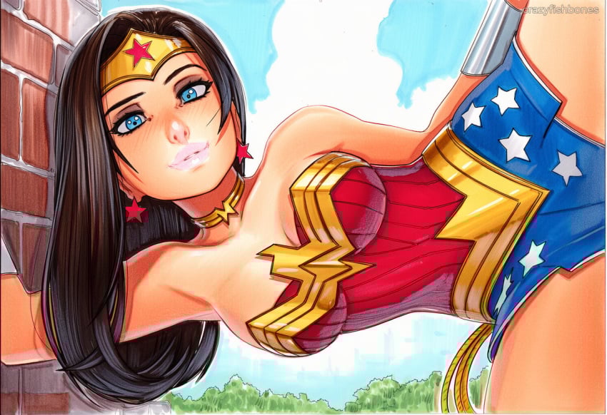 2025 ai_generated artist_name blue_eyes breasts brown_hair cleavage crazyfishbones dc dc_comics earrings female jewelry long_hair sky solo wonder_woman wonder_woman_(series)