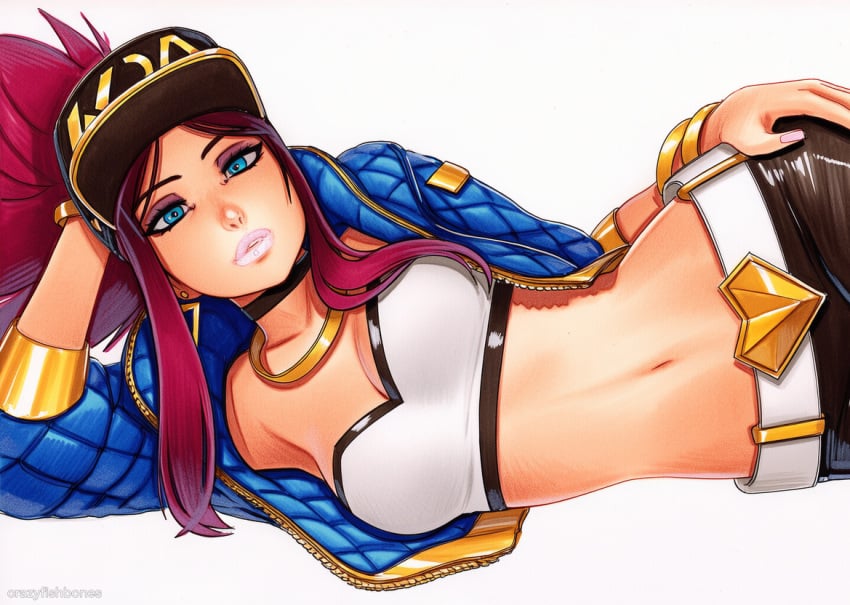2025 ai_generated akali artist_name blue_eyes breasts crazyfishbones crop_top female long_hair looking_at_viewer lying midriff navel solo