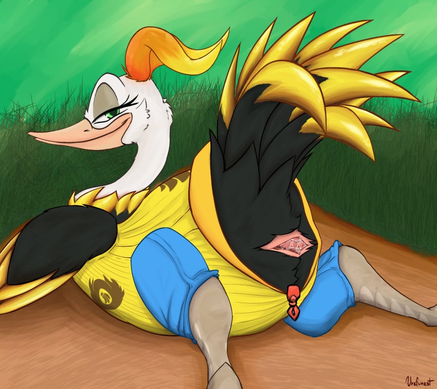 2025 absurd_res animal_genitalia avian beak bedroom_eyes bird black_body black_feathers bodily_fluids bottomwear cloaca clothed clothing donkey_kong_(series) donkey_kong_bananza eyelashes feathers female feral genitals hi_res long_neck narrowed_eyes nintendo ostrich ratite seductive shorts solo urefunest