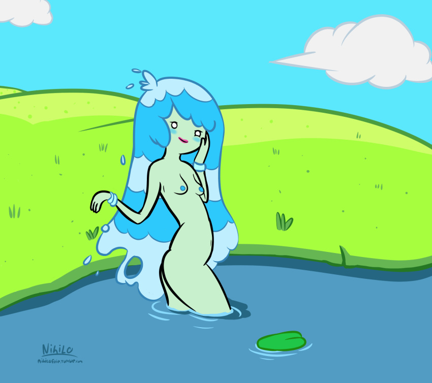 adventure_time blue_skin blush bottomless bracelet breasts butt_crack denise_(adventure_time) elemental female female female_only long_hair nihilo nipples partially_submerged solo topless very_long_hair water water_hair water_nymph