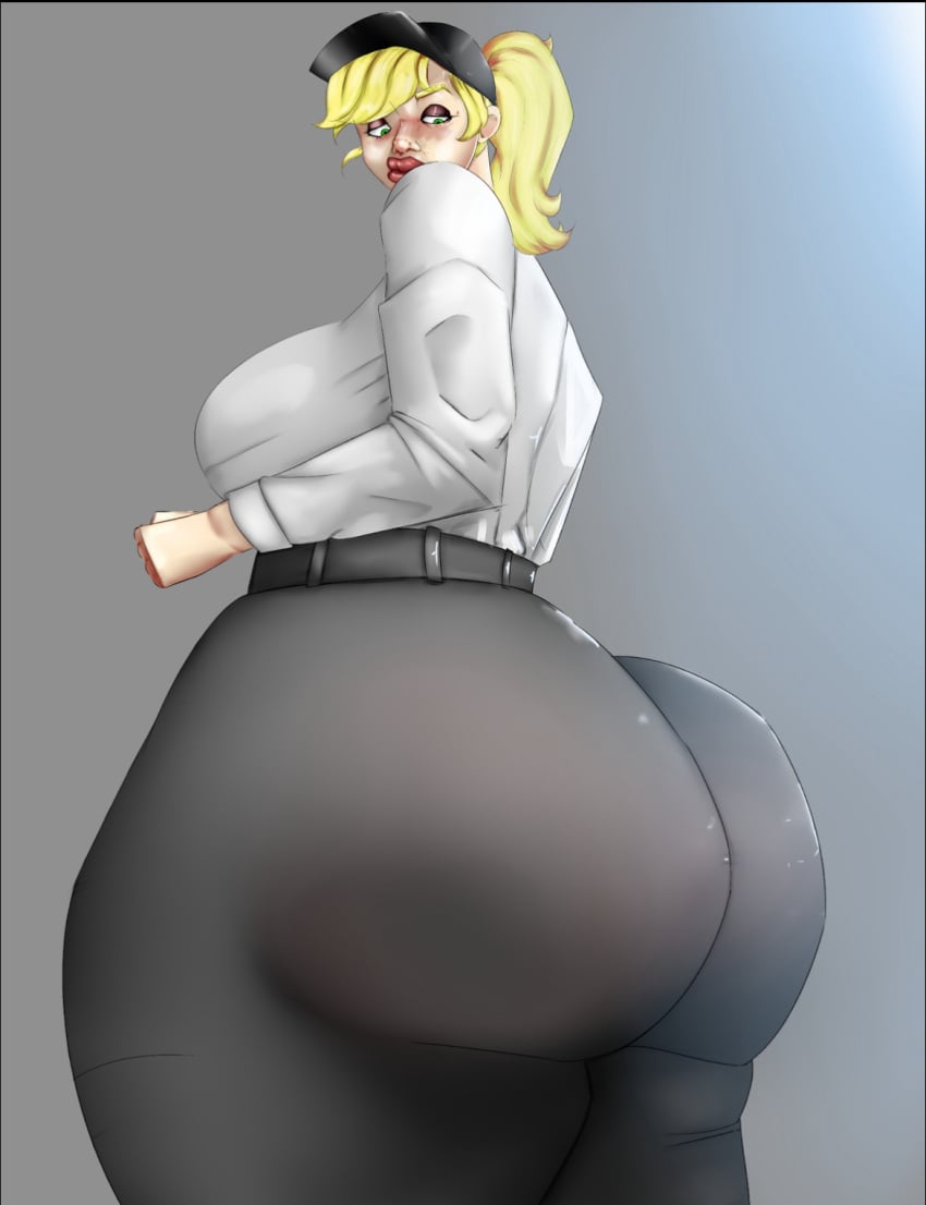 1girl 1girls ass_bigger_than_head ass_bigger_than_torso black_hat black_pants blonde_hair blush_lines blushing fableeg female female_focus female_only five_nights_at_freddy&#039;s five_nights_at_freddy&#039;s:_security_breach grey_background hat looking_at_ass looking_back looking_down massive_ass red_lipstick solo solo_female thick_thighs vanessa_(fnaf) white_body white_topwear